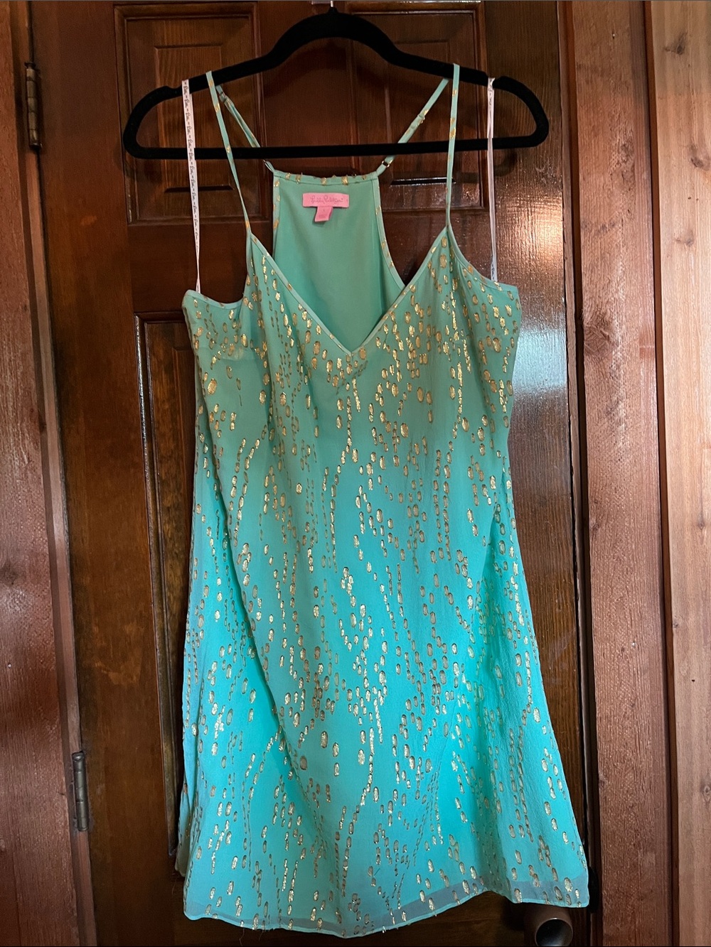 Lilly Pulitzer Aqua Mini Slip Dress with Gold Foil Accents